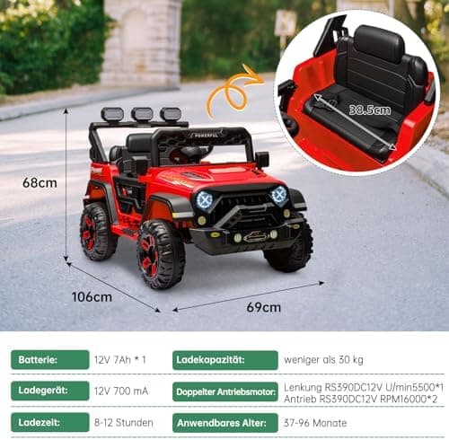 Kinder Elektroauto Schwarz mit Verbesserter Akku 12V 7AH und Sicherheitsgurten
