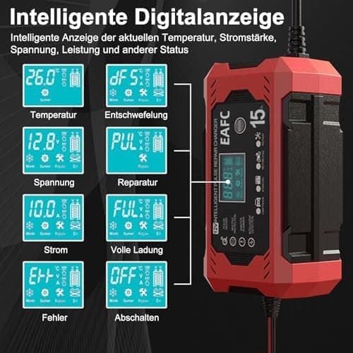 15A Autobatterie Ladegerät 12V Smart vollautomatisch für Auto LKW mit Temperaturkompensation