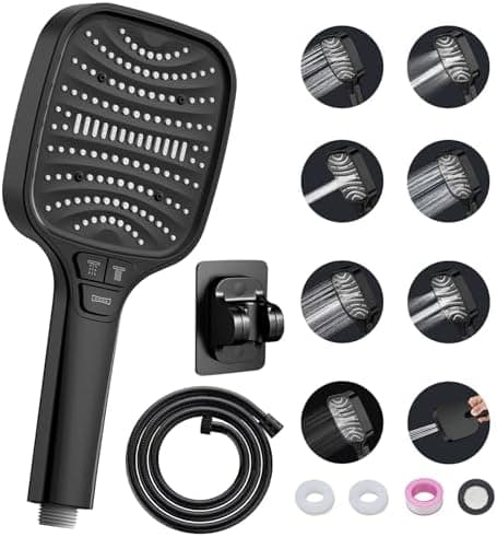 Duschbrause Duschkopf – Wassersparender Duschkopf mit 8 Strahlarten und Stoppfunktion, groß, Silber Chrom