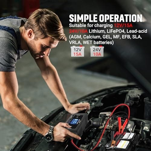 HTRC Ladegerät Autobatterie 12V/15A & 24V/10A - Batterieladegerät für KFZ - Auto, Motorrad, Rasenmäher, Boot | Lithium,
