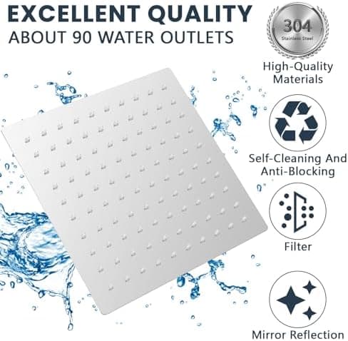 Regendusche Quadrat 12 Zoll 304 Edelstahl Duschkopf Wassersparend 90° Anti Kalk Düsen für Familie Badzimmer