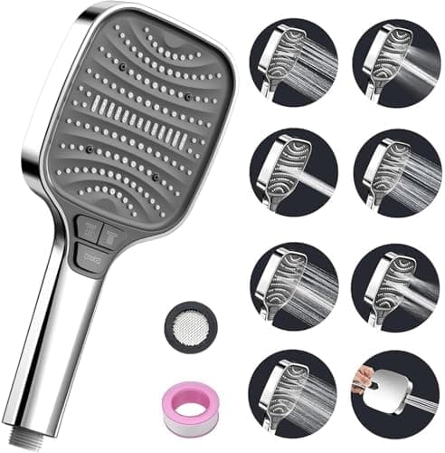 Duschbrause Duschkopf – Wassersparender Duschkopf mit 8 Strahlarten und Stoppfunktion, groß, Silber Chrom