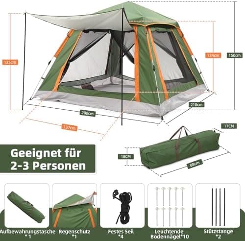 HAUSPROFI Zelt 2-3 Personen Pop Up Zelt |.Quadrierter Wasserspei-Schutz | Moskitoschutz | Familien-Freizeit-Reise