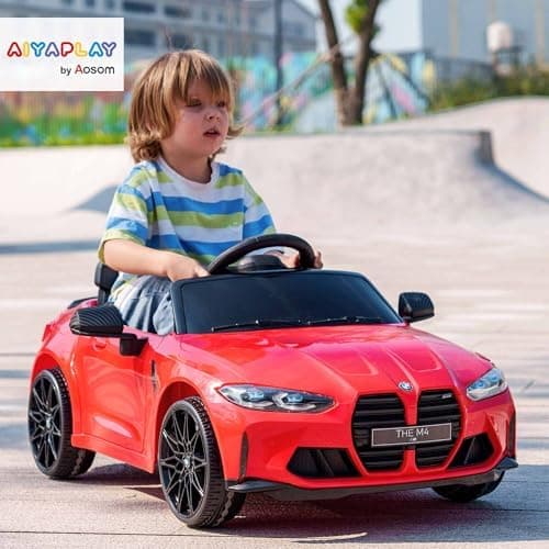 AIYAPLAY Kinder Elektroauto für 3-5 Jahre Kinder - 12V 2,4 GHz Fernbedienung mit Hupe, LED, Musik & Sanftstart - Rot