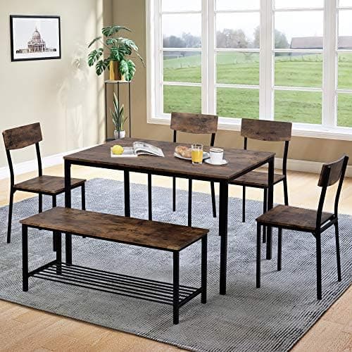 HAUSPROFI Vintagebrauner Esszimmertisch mit 6er Set Stühlen und Sitzbank, 70x110x75cm, Stahlrahmen, Küchentisch-Stil, Id