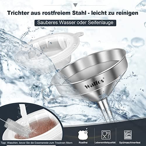 Walfos Trichter Set aus Edelstahl für Küche mit 2 abnehmbaren Siebfilter für Speiseöle, Marmelade und Reinigungsbürste |