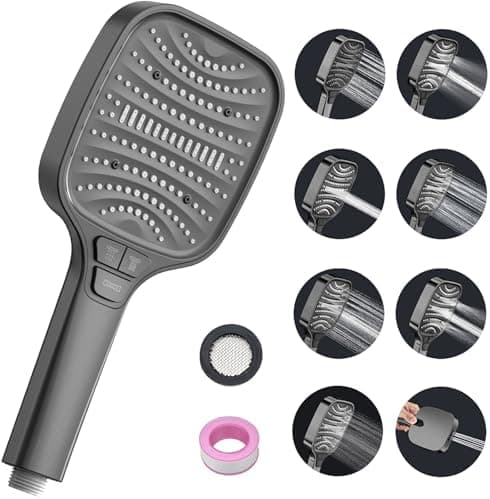 Duschbrause Duschkopf – Wassersparender Duschkopf mit 8 Strahlarten und Stoppfunktion, groß, Silber Chrom