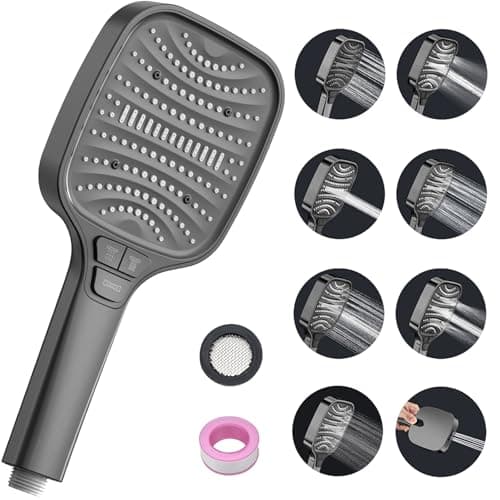 Duschbrause Duschkopf – Wassersparender Duschkopf mit 8 Strahlarten und Stoppfunktion, groß, Silber Chrom