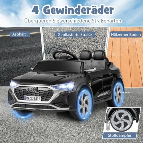 COSTWAY Kinder Elektroauto Audi SQ8 Schwarz für 3+ Jahrige Kinder in 12V 3-Gang Konfiguration mit Fernbedienung, Hupe un