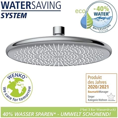 Wenko Wasserspar Regenduschkopf - Wassersparende Kopfbrause mit ABS,chromfarbener Rand, Ø 22,5 cm - Wasserspar-System