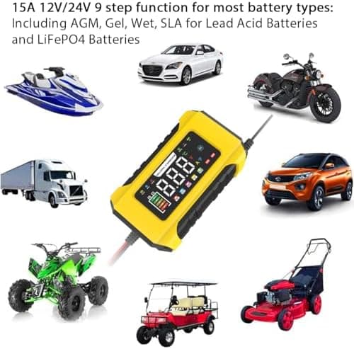 15A Autobatterieladegerät 12V/24V Automatischer Smart Charger Monitor mit LCD-Bildschirm für Auto-Batterien und LiFePO4-