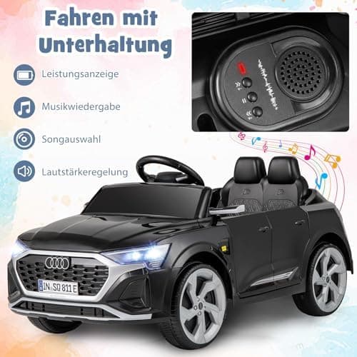 COSTWAY Kinder Elektroauto Audi SQ8 Schwarz für 3+ Jahrige Kinder in 12V 3-Gang Konfiguration mit Fernbedienung, Hupe un