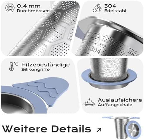 Teesieb für Teekannen mit Deckel und Breiter Griff, hitzebeständiges Silikon, 304 Edelstahl, ideal für lange Teekräuter