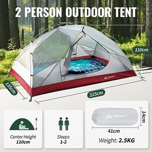 Forceatt 2-3 Personen Zelt, Wasserdicht & Winddicht, 2-Door Ultraleichte Rucksack Zelt für Camping und Outdooraktivitäte