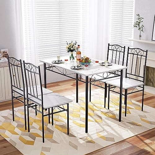 Esszimmer-Set mit Esstisch und 4 Stühlen, Buchenholzmaserung, weiße Metallbeine, perfekt für Esszimmer und Küche, präch