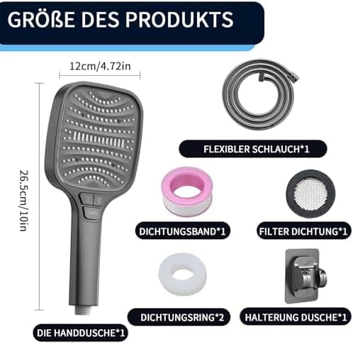 Duschbrause Duschkopf – Wassersparender Duschkopf mit 8 Strahlarten und Stoppfunktion, groß, Silber Chrom