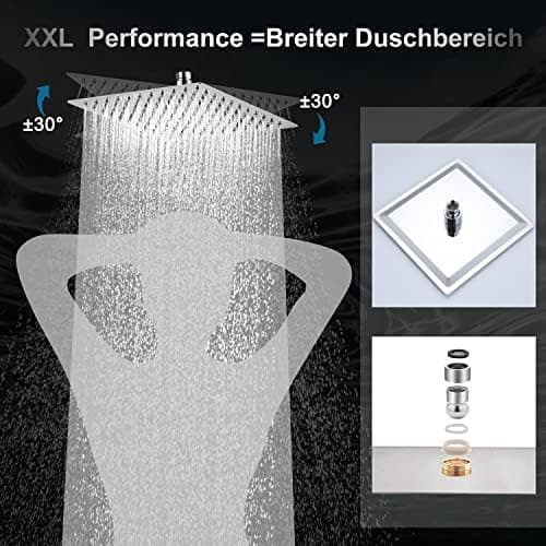 JOHO Edelstahl Regendusche Duschkopf, Quadratisch 12 Zoll Anti-Kalk-Düsen, für Badezimmer und Wellnesszimmer mit Chromtö
