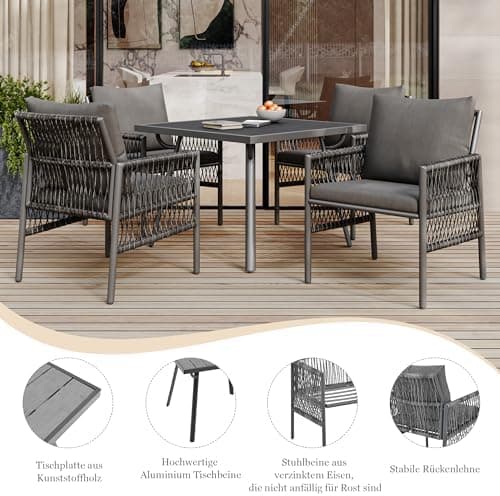 HAUSPROFI Gartenmöbel Set 5-TLG - 83x83cm Esstisch mit Sitzkissen für Aufderterrasse und im Garten