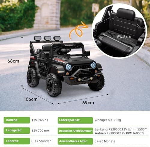 Kinder Elektroauto Schwarz mit Verbesserter Akku 12V 7AH und Sicherheitsgurten