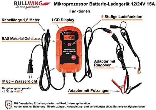 Bullwing Mikroprozessorladegerät 12/24V 15A für LKW, Bus, Boot, Traktor - Vollautomatisch mit 9-stufiger Anstellkomponen