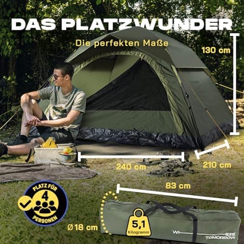 Lumaland Camping Zelt - Leichtes Pop Up Wurfzelt 210x190x110cm | Trekking & Festival Igluzelt | 2-4 Personen Wasserdicht