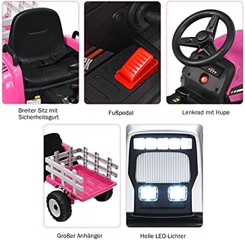 COSTWAY 12V 3-Gang Traktor mit LED Lichtern, Musik & Hupe für Kinder ab 3 Jahre - Grün