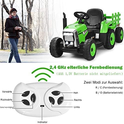 COSTWAY 12V 3-Gang Traktor mit LED Lichtern, Musik & Hupe für Kinder ab 3 Jahre - Grün
