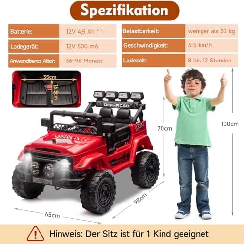 HAUSPROFI Kinder Elektroauto 12V - Elektro Kinderauto mit 2,4G Fernbedienung, LED, Bluetooth und Musik für 3-5 km/h - id