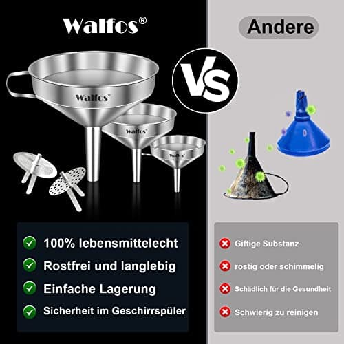 Walfos Trichter Set aus Edelstahl für Küche mit 2 abnehmbaren Siebfilter für Speiseöle, Marmelade und Reinigungsbürste |