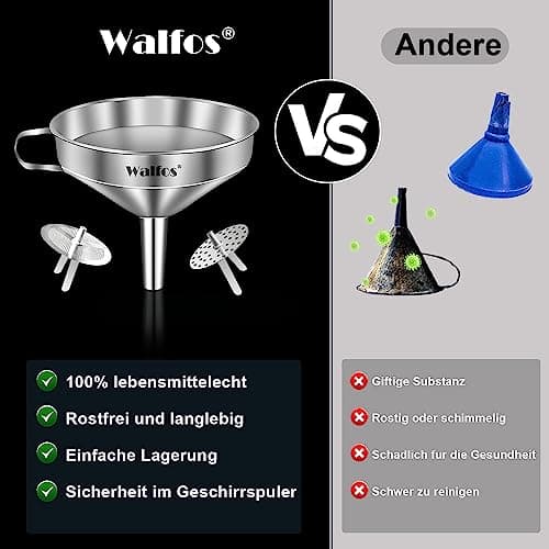 Walfos Trichter Set aus Edelstahl für Küche mit 2 abnehmbaren Siebfilter für Speiseöle, Marmelade und Reinigungsbürste |