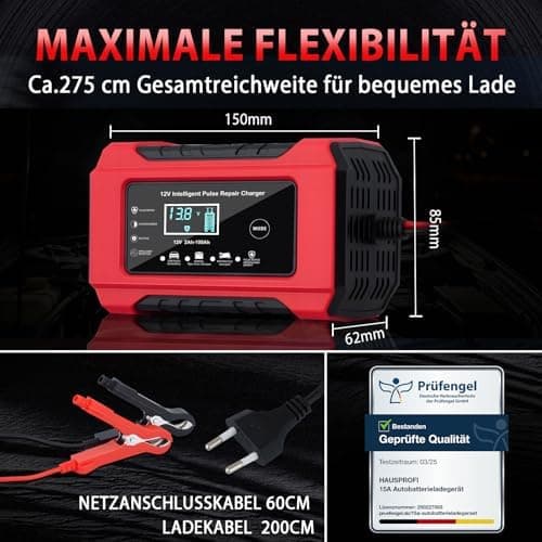 Autobatterie Ladegerät 12V 6A, Reparaturfunktion & Wintermodus für Auto & Motorrad