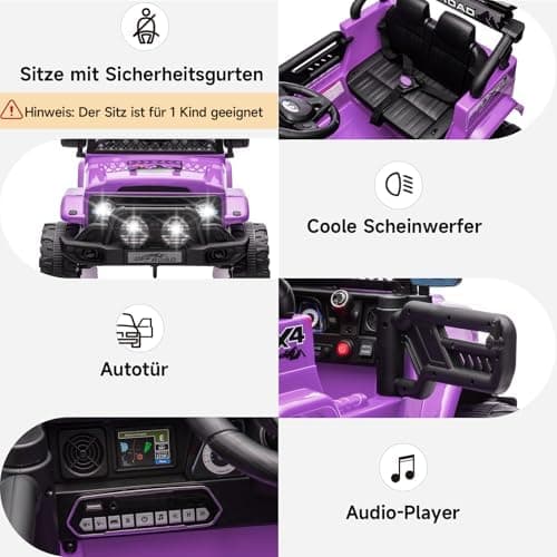 HAUSPROFI Kinder Elektroauto 12V - Elektro Kinderauto mit 2,4G Fernbedienung, LED, Bluetooth und Musik für 3-5 km/h - id