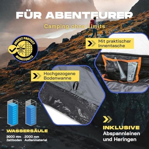Lumaland Camping Zelt - Leichtes Pop Up Wurfzelt 210x190x110cm | Trekking & Festival Igluzelt | 2-4 Personen Wasserdicht