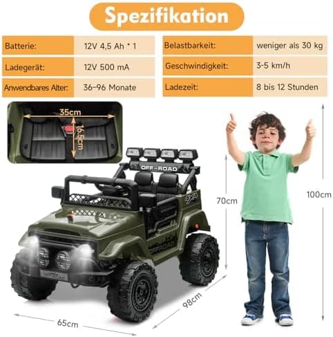 HAUSPROFI Kinder Elektroauto 12V - Elektro Kinderauto mit 2,4G Fernbedienung, LED, Bluetooth und Musik für 3-5 km/h - id