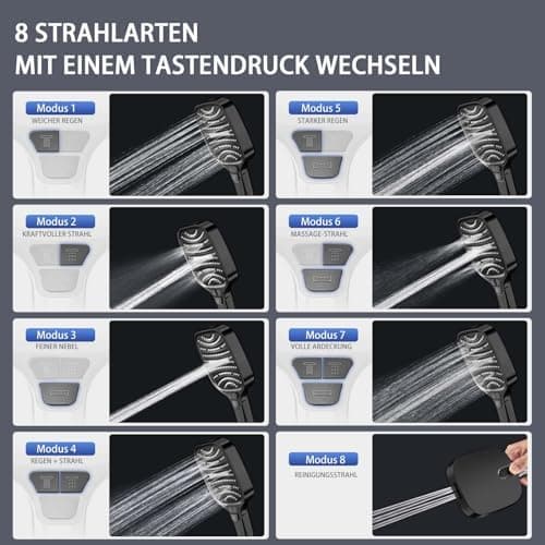 Duschbrause Duschkopf – Wassersparender Duschkopf mit 8 Strahlarten und Stoppfunktion, groß, Silber Chrom