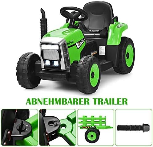 COSTWAY 12V 3-Gang Traktor mit LED Lichtern, Musik & Hupe für Kinder ab 3 Jahre - Grün