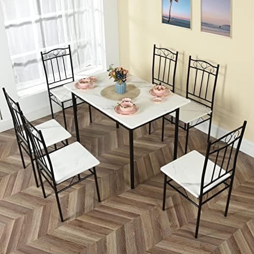 Esszimmer-Set mit Esstisch und 4 Stühlen, Buchenholzmaserung, weiße Metallbeine, perfekt für Esszimmer und Küche, präch