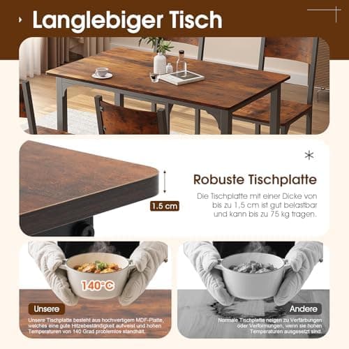 OC Orange-Casual Industrial-Look Esszimmertisch Set für 4 Personen mit 4 Stühlen, Vintagebraun, 2 Packet