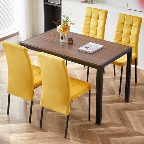 NORDICANA Grauer Esstisch Set 4er Stühle, Rechteckig MDF-Holztisch + Polsterstuhl Samtbezug, für Küche, Büro, Balkon, Re