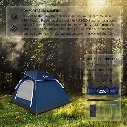MSPORTS Campingzelt Premium Pop Up Zelt 2-3 Personen für Familien im Freien wasserdicht und winddicht mit Kuppelformspez