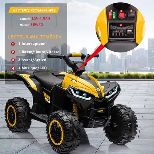 12V Kinderquad Elektroauto für 3+ Jahrealte Kinder mit LED und Musik, 2 Geschwindigkeiten und Hupe, Fernbedienung inklus