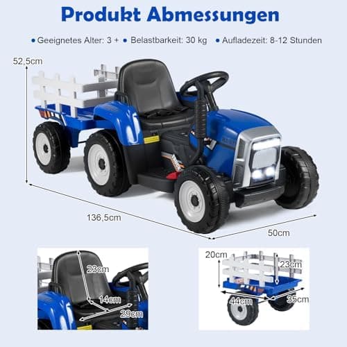 COSTWAY 12V 3-Gang Traktor mit LED Lichtern, Musik & Hupe für Kinder ab 3 Jahre - Grün