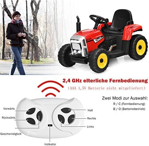 COSTWAY 12V 3-Gang Traktor mit LED Lichtern, Musik & Hupe für Kinder ab 3 Jahre - Grün