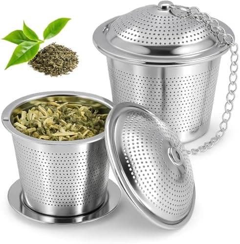 Teesieb 2er Set Edelstahl – Loser Tee & Kräuter – Abtropfschale & Kette – Wiederverwertbar, spülmaschinenfest, BPA-frei