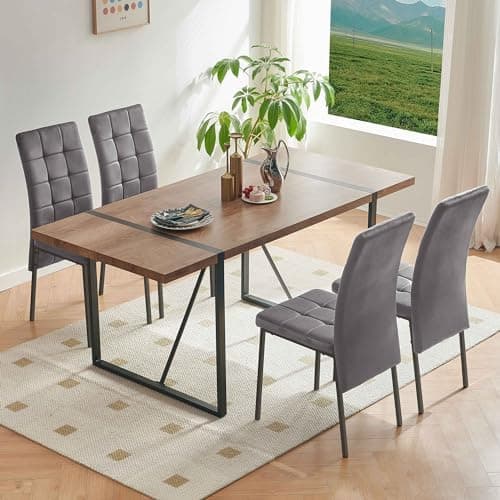 NORDICANA Grauer Esstisch Set 4er Stühle, Rechteckig MDF-Holztisch + Polsterstuhl Samtbezug, für Küche, Büro, Balkon, Re