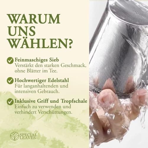 Teesieb für Losen Tee - Hochwertiger Edelstahl Teefilter mit Griff und Tropfschale - Saubere Zubereitung und Optimale Fi