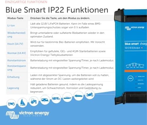 Victron Energy Blue Smart Batterieladegerät 12-Volt 15 Ampere - Batterieerhaltungsgerät und Desulfator - IP22 Geschützt