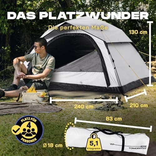 Lumaland Camping Zelt - Leichtes Pop Up Wurfzelt 210x190x110cm | Trekking & Festival Igluzelt | 2-4 Personen Wasserdicht
