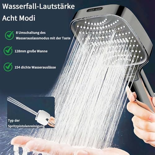 Duschbrause Duschkopf – Wassersparender Duschkopf mit 8 Strahlarten und Stoppfunktion, groß, Silber Chrom