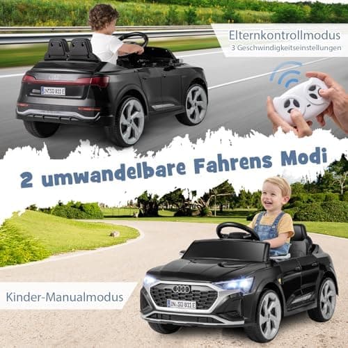 COSTWAY Kinder Elektroauto Audi SQ8 Schwarz für 3+ Jahrige Kinder in 12V 3-Gang Konfiguration mit Fernbedienung, Hupe un